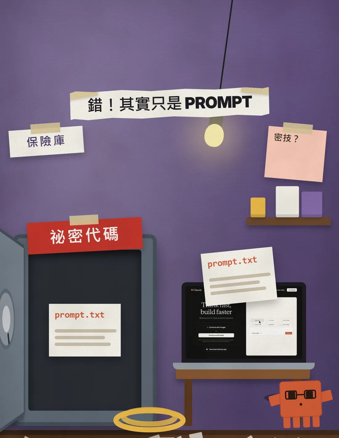 A safe with its door open: inside is only a sheet labelled prompt.txt, with a red "wrong" stamp on the safe