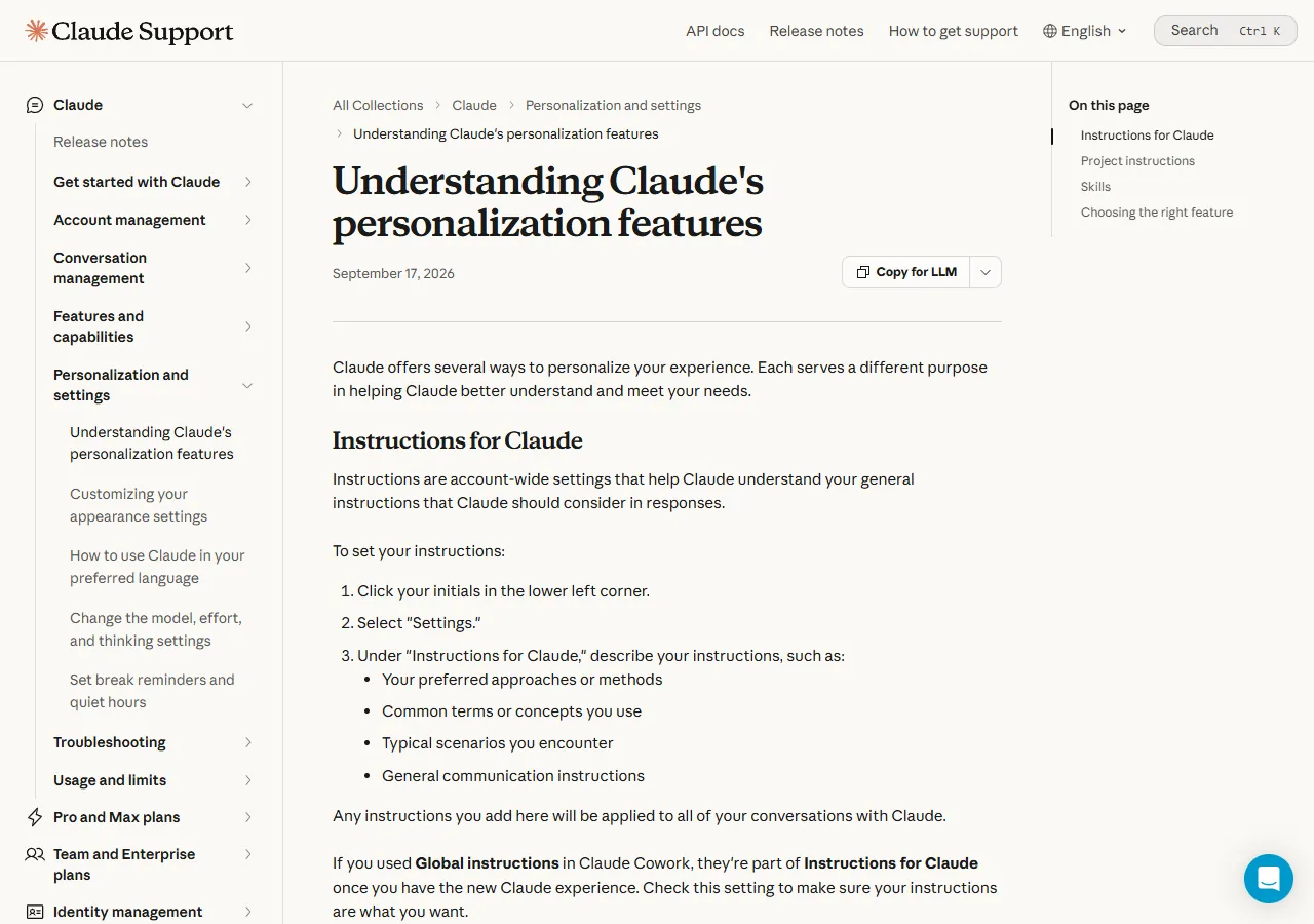 Screenshot of the official Claude Help Center page on Instructions for Claude, with its setup steps