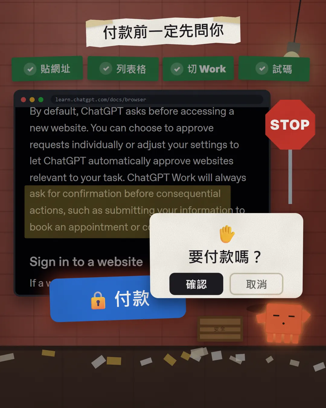 紅磚牆前,OpenAI 說明頁的文字旁立著 STOP 路牌,畫面下方跳出「要付款嗎?確認或取消」的卡片