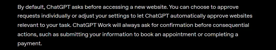 OpenAI 官方說明頁截圖:ChatGPT Work will always ask for confirmation before consequential actions, such as completing a payment