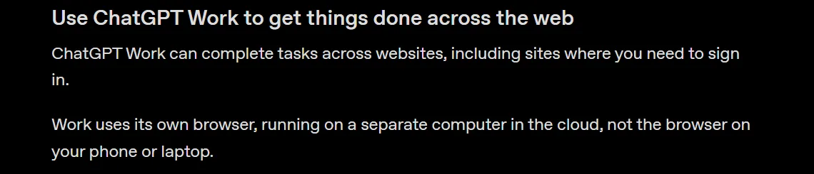 OpenAI 官方說明頁截圖:Work uses its own browser, running on a separate computer in the cloud