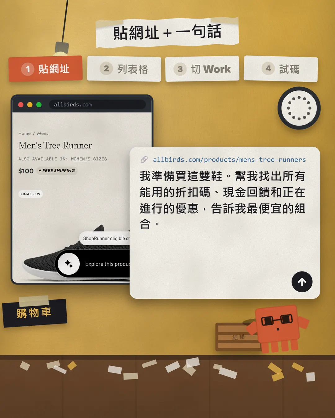 吉祥物戴著眼鏡在輸入框打字,左邊是商品頁視窗,右邊是已經貼上網址和要求的 ChatGPT 輸入框