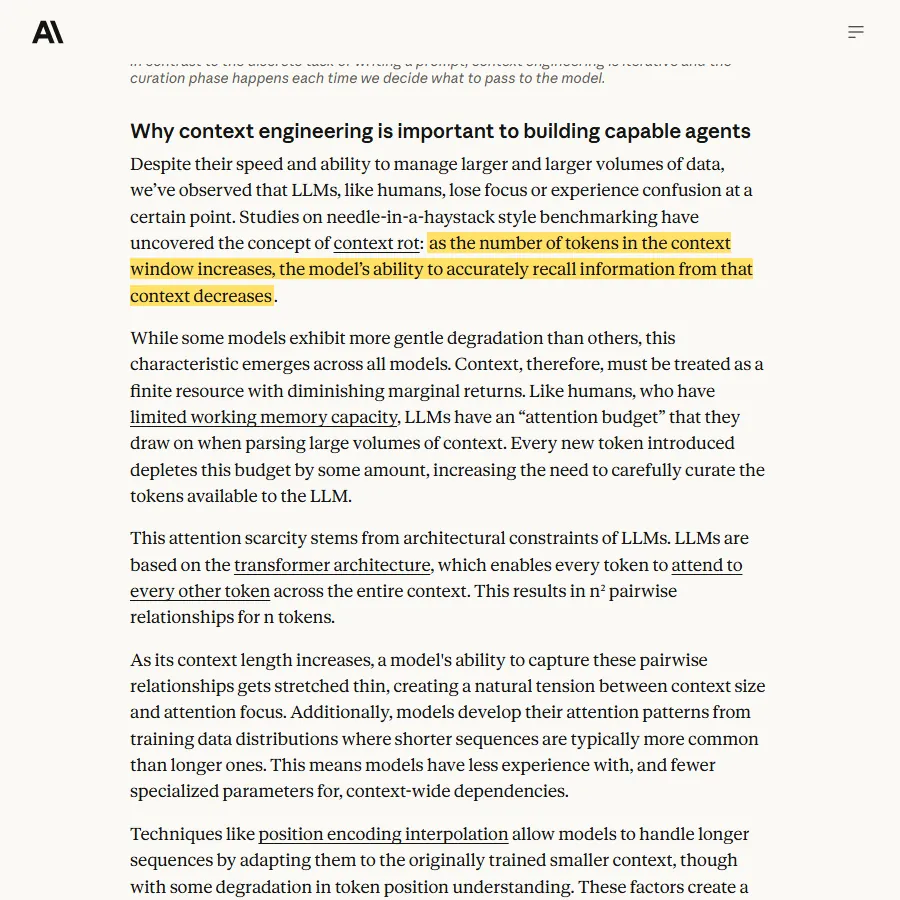 Anthropic 工程文章截圖,「context rot」那一句被黃色螢光筆標出