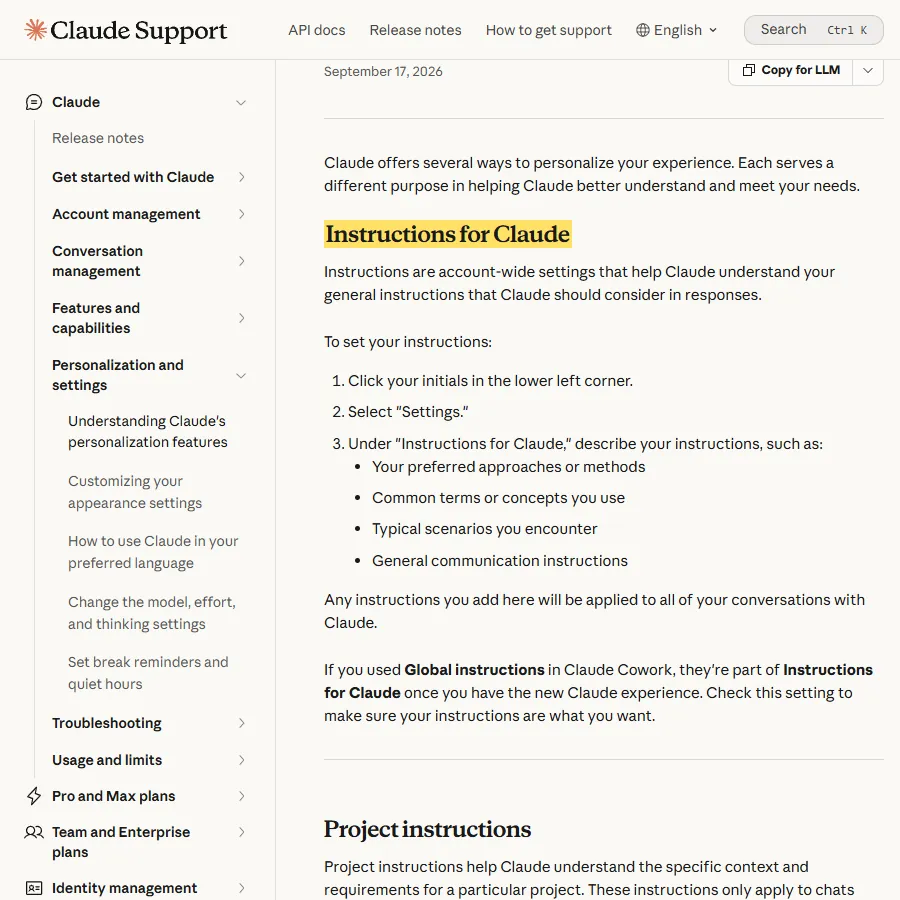 Claude 官方說明中心頁面截圖,「Instructions for Claude」標題被黃色螢光筆標出,下方有設定步驟
