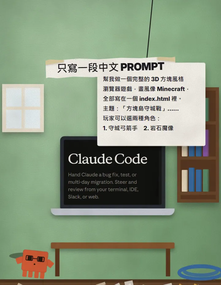 Reels 畫面：筆電螢幕上是 Claude Code，一張寫著中文 prompt 的紙落在上面，橘色吉祥物戴著眼鏡站在旁邊