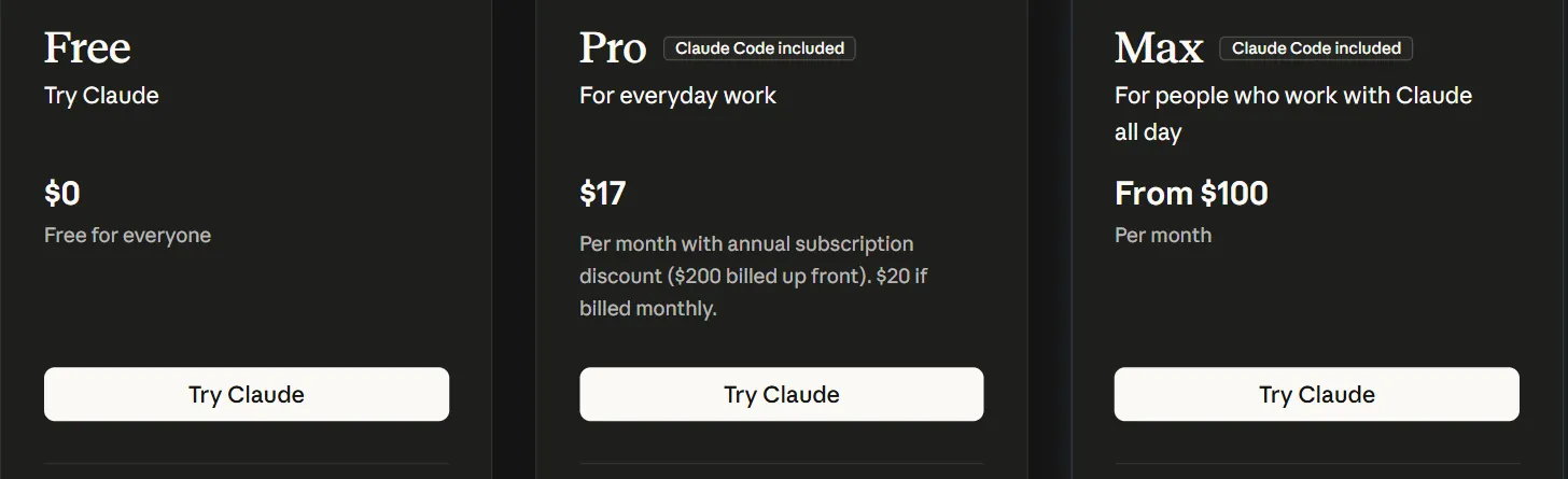 Claude 官方價格頁截圖：Free、Pro、Max 三張卡片，Pro 和 Max 旁邊都有「Claude Code included」標籤