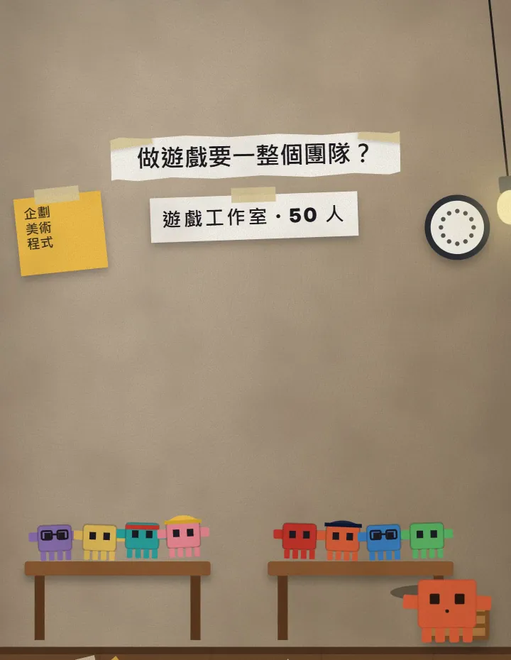 Reels 畫面：牆上寫著「做遊戲要一整個團隊？」和「遊戲工作室・50 人」，桌上排著一群小方塊角色，旁邊站著橘色的 Claude 吉祥物