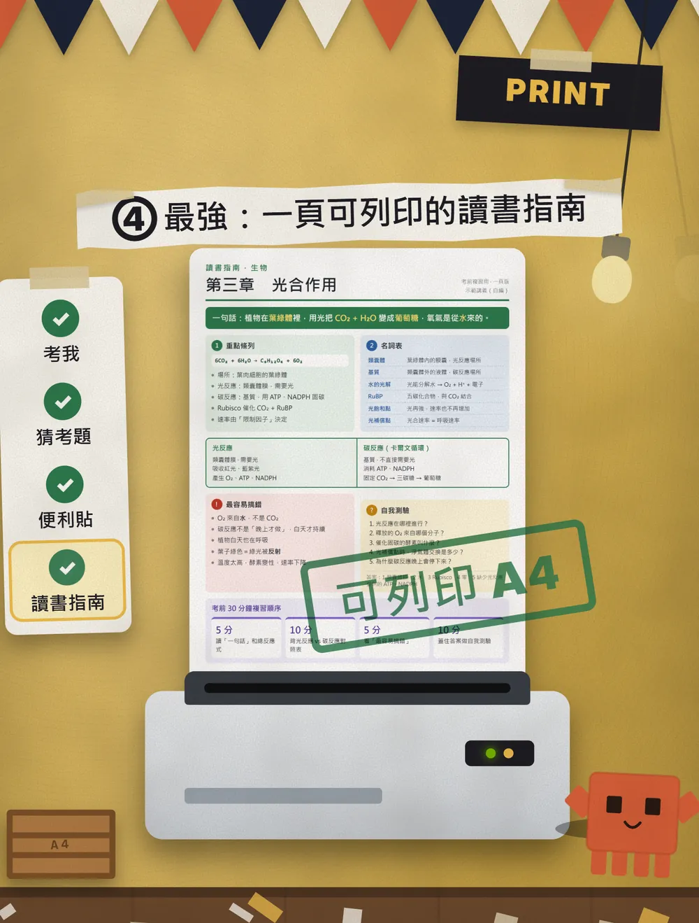 橘黃色牆面，印表機正吐出一頁讀書指南，印章寫著「可列印 A4」，旁邊是吉祥物