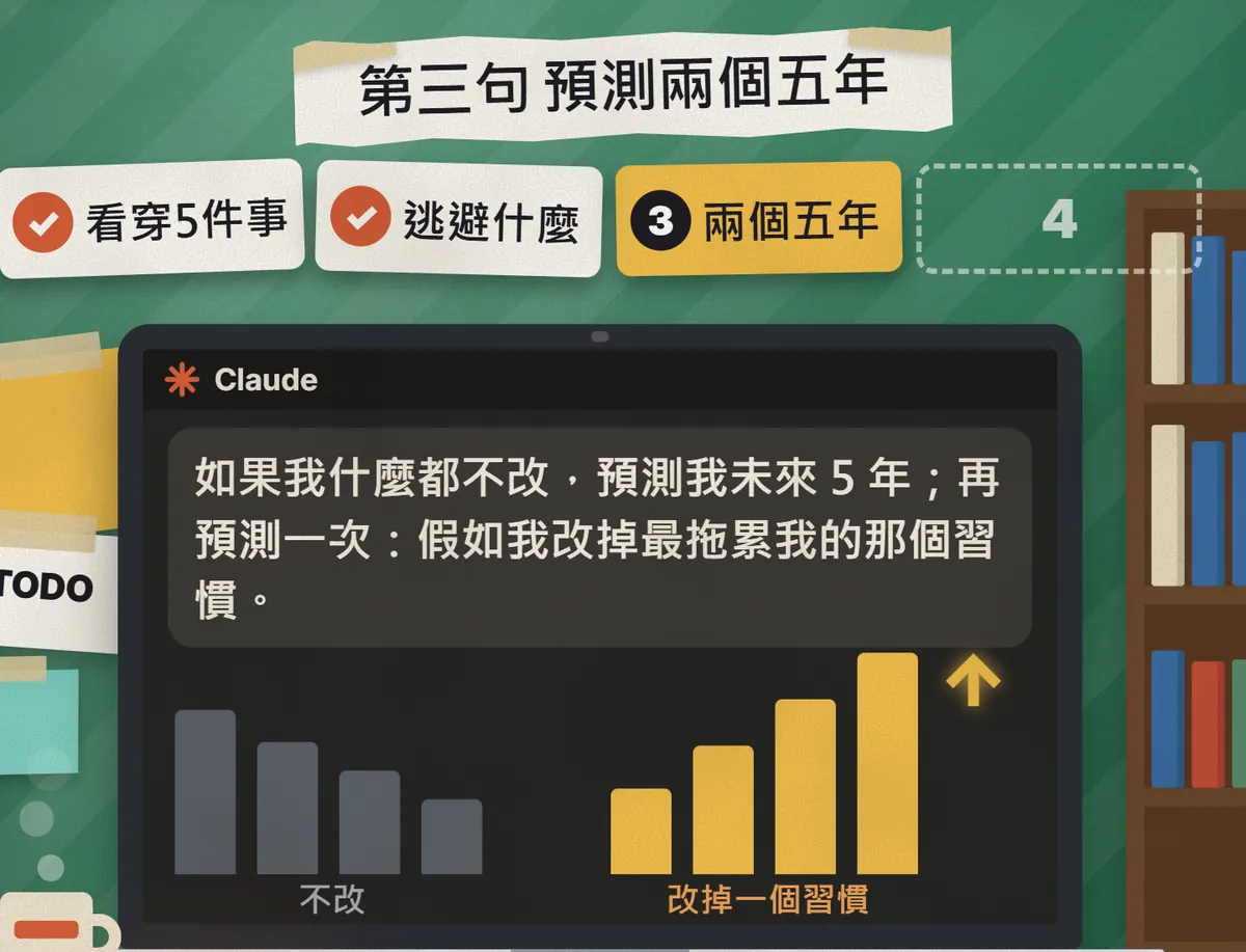 Claude 對話視窗裡打著第三句指令，下面兩組長條圖，灰色的寫不改，金色的寫改掉一個習慣