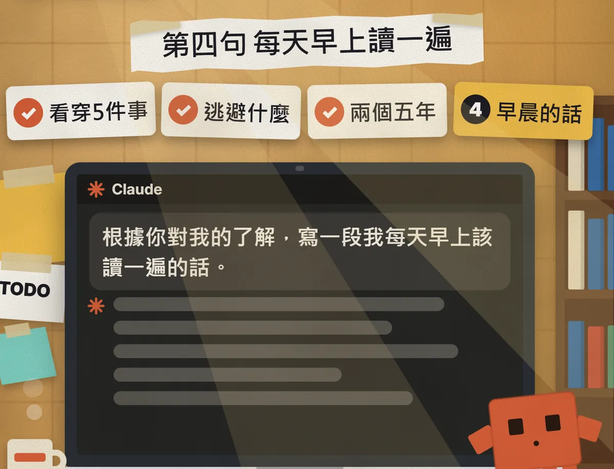 晨光照進房間，Claude 對話視窗裡打著第四句指令，上方四格提示列已經走到第 4 格