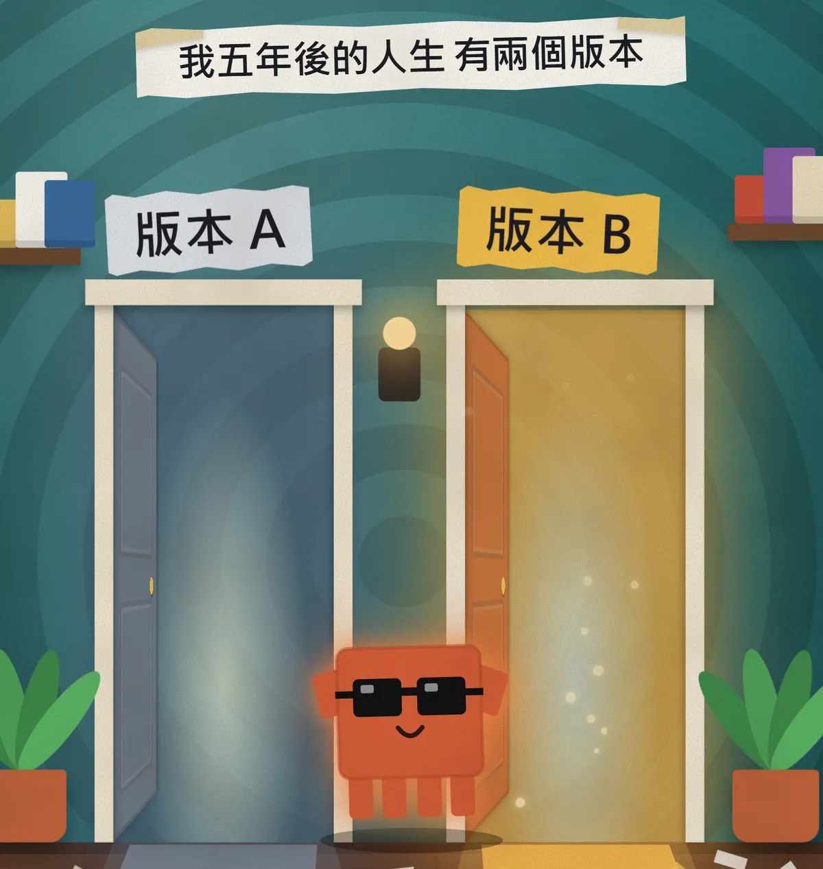 兩扇門，左邊灰藍色寫版本 A，右邊亮橘色寫版本 B，Claude 吉祥物站在中間