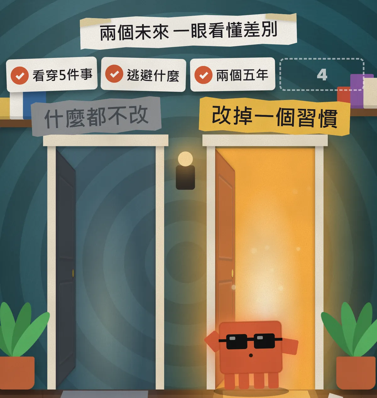 兩扇門，左邊暗掉的寫什麼都不改，右邊發光的寫改掉一個習慣，Claude 吉祥物走向右邊的門