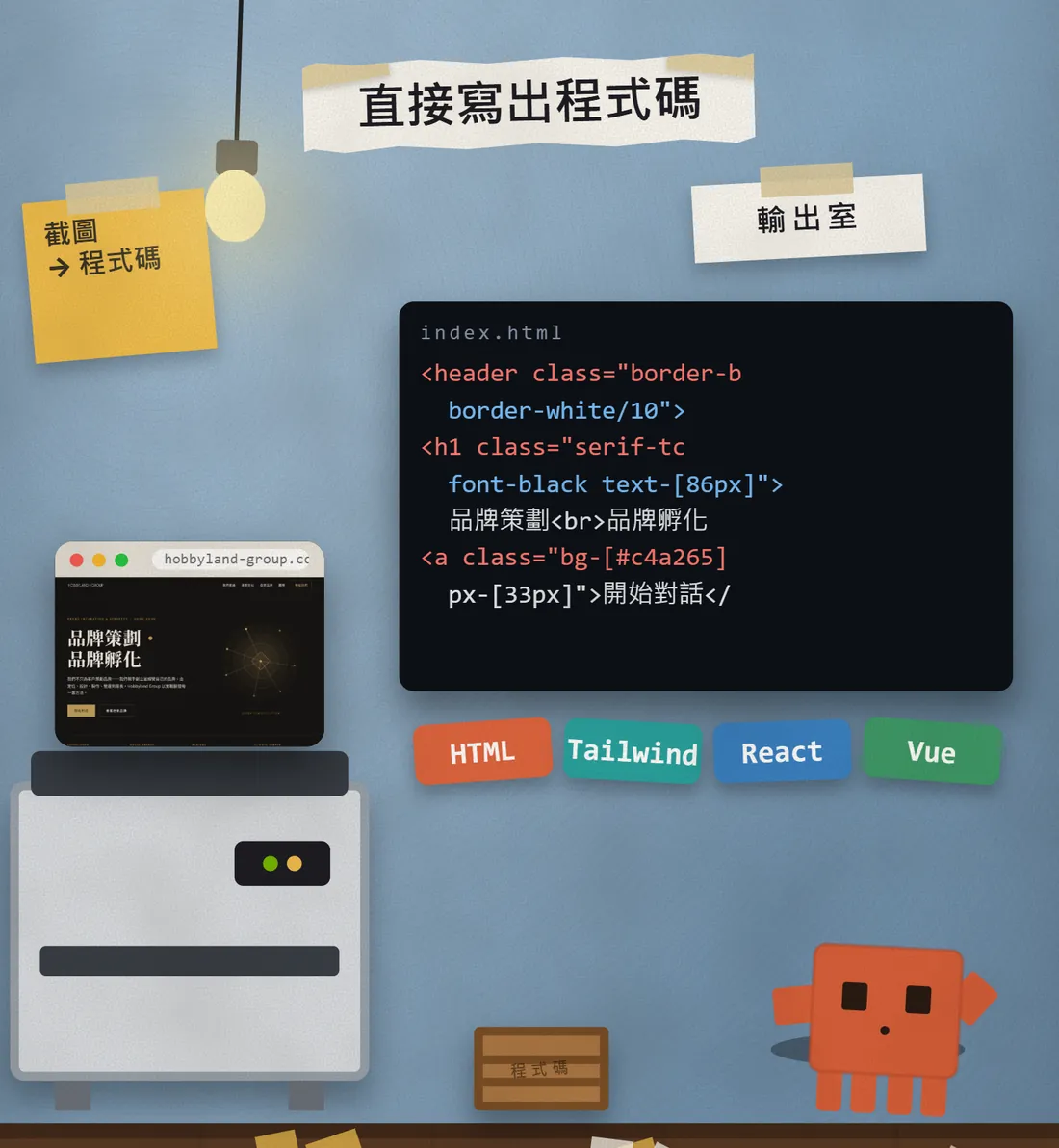 輸出室裡的螢幕顯示 HTML 程式碼,下方貼著 HTML、Tailwind、React、Vue 四個標籤