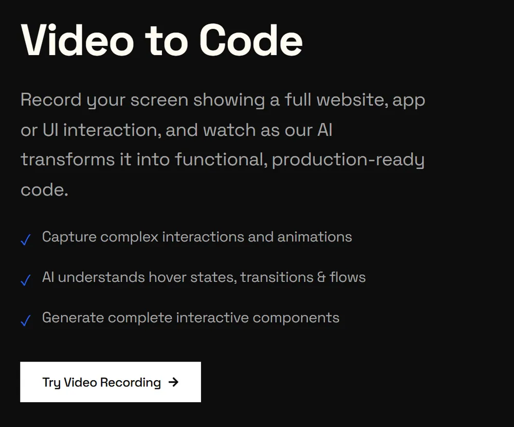screenshottocode.com 官方頁面的 Video to Code 區塊:錄下你的螢幕,AI 轉成功能性的程式碼