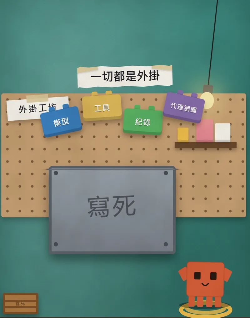 一個寫著「寫死」的灰色鐵盒,旁邊的釘板上掛著模型、工具、紀錄、代理迴圈四個彩色積木外掛