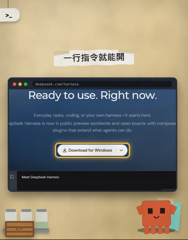 官方頁面的「Download for Windows」按鈕被黃色圈圈起來,吉祥物站在旁邊