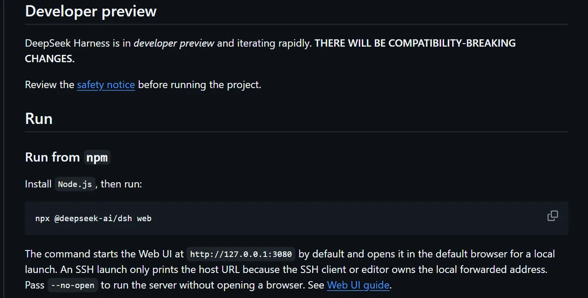 官方 README 的截圖:Developer preview 警告,下面是 Run from npm 和 npx @deepseek-ai/dsh web 這行指令