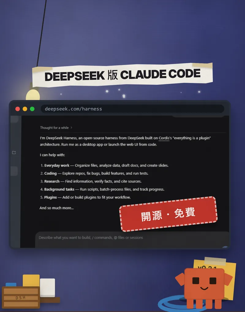 DeepSeek 官方頁面和它的桌面 App 視窗,右邊蓋著紅色「開源・免費」標籤,下方是橘色小方塊吉祥物