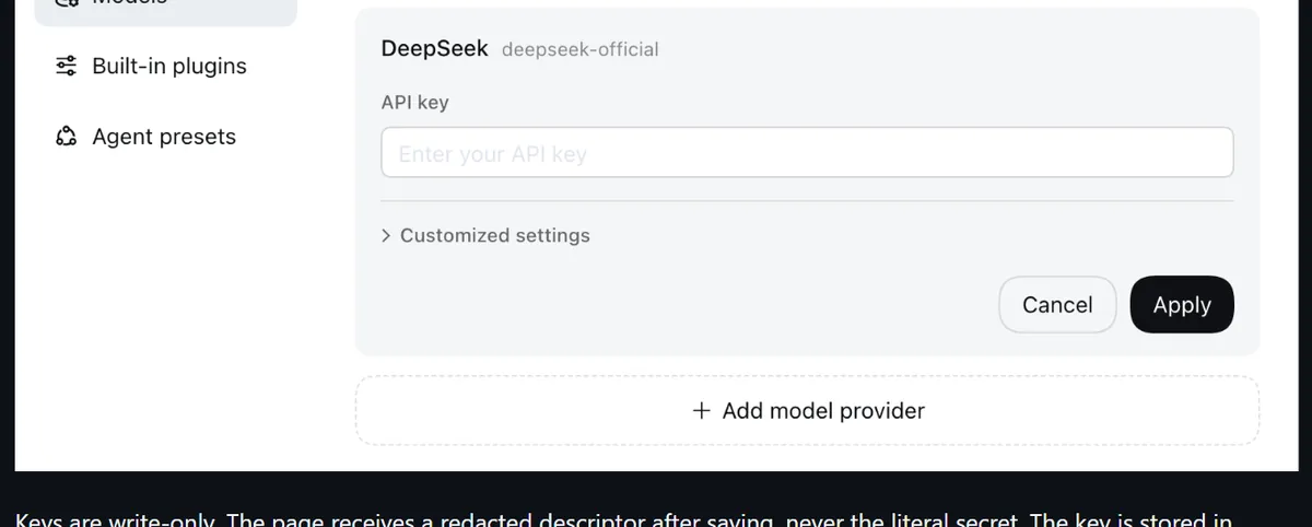 官方文件的截圖:Settings 裡的 Models 頁,DeepSeek 卡片有一個 API key 欄位和 Apply 按鈕,下面是 Add model provider