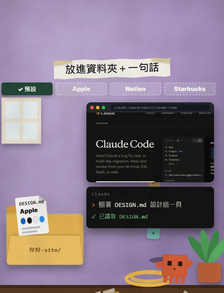 Reels 畫面：Apple 的 DESIGN.md 卡片放進「存好-site」資料夾，旁邊的終端機顯示已讀取 DESIGN.md