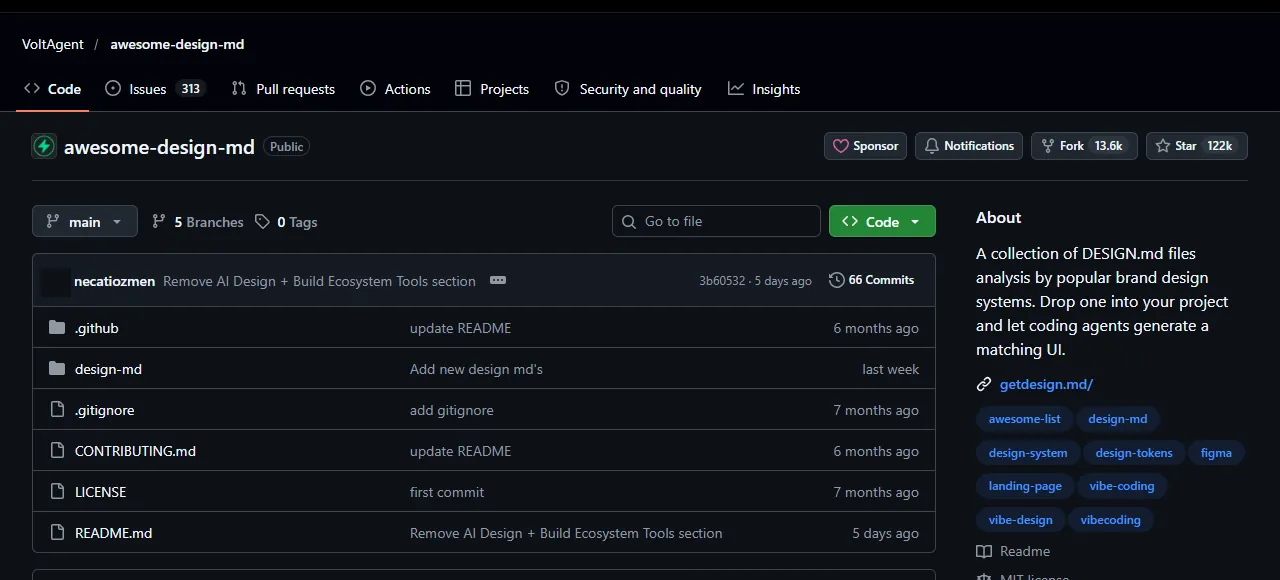 GitHub 專案 VoltAgent/awesome-design-md 首頁，有 design-md 資料夾、README、MIT 授權