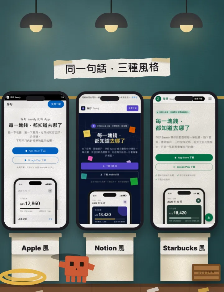 Reels 畫面：三支手機並排，分別顯示 Apple 風、Notion 風、Starbucks 風的記帳 App 產品首頁