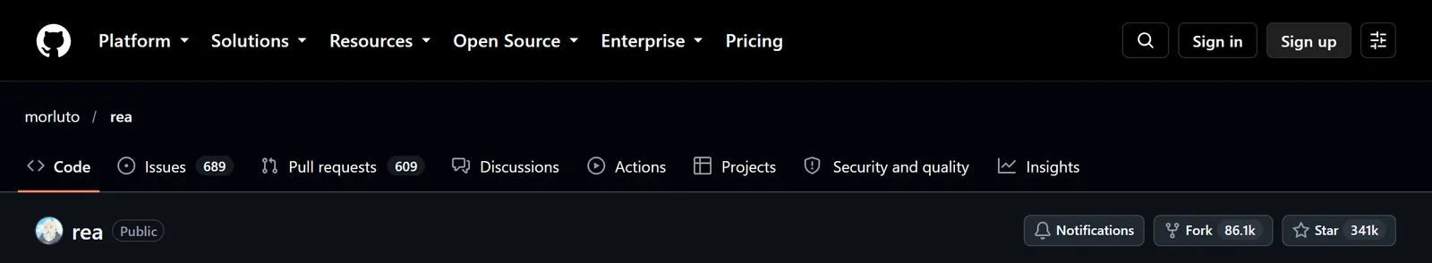 GitHub 上 morluto/rea 倉庫頁面頂端，右上角顯示 Star 數