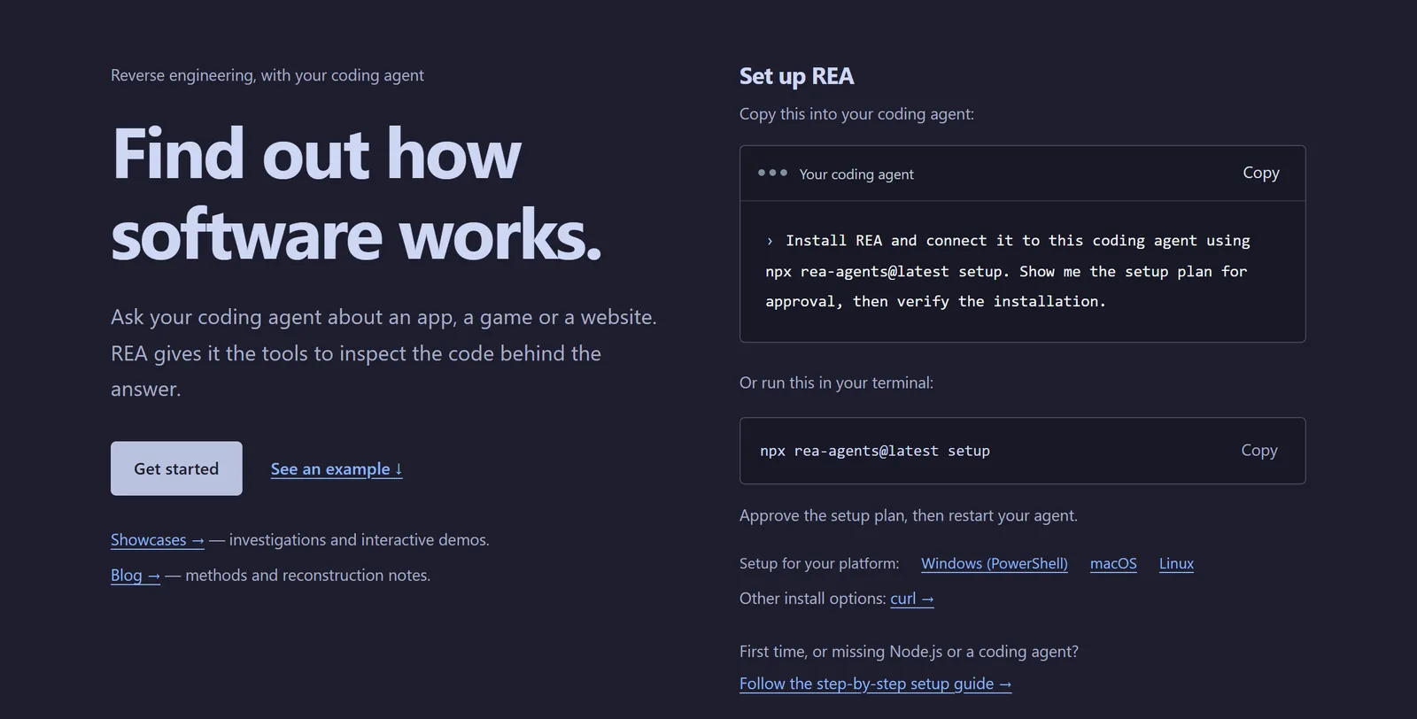 rea.tools 官網首頁的「Set up REA」區塊，顯示終端機指令 npx rea-agents@latest setup